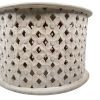 28 Inch Artisanal Round Mango Wood Coffee Table, Intricate Diamond Lattice Cut Out Frame, Washed White