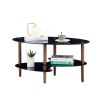 Black Oval glass coffee table, modern table in living room Oak wood leg tea table 3-layer tempered glass table