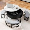 Modern Round Lift-Top Coffee Table with Storage & 3 Ottoman White & Black