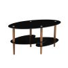 Black Oval glass coffee table, modern table in living room Oak wood leg tea table 3-layer tempered glass table
