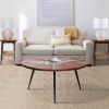 31 Inch Round Mango Wood Coffee Table, Sunburst Design, Tapered Iron Legs, Brown, Black
