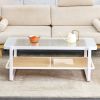 Modern minimalist white double layered solid wood coffee table. Glass tabletop