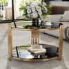 Modern Black Mirror Coffee Table, Asymmetrical Metal, Circular Metal Drum Base, Gold Finish & Lower Shelf
