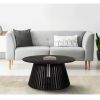 Ridge 32 Inch Handcrafted Round Coffee Table, Mango Wood, Slatted Flared Base, Black