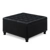 Large square storage ottoman with wooden legs, Upholstered button tufted coffee table with nail trims for Living Space, Black