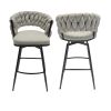 Bar Chair Linen Woven Bar Stool Set of 2,Black legs Barstools No Adjustable Kitchen Island Chairs