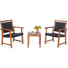 3 Pieces Rattan Bistro Set with Acacia Wood Frame for Garden - Color: Brown