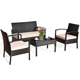 4 Pieces Patio Rattan Conversation Set with Loveseat Sofas and Coffee Table - Color: Multicolor