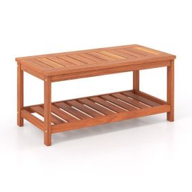 2-Tier Patio Coffee Table with Slatted Tabletop and Shelf - Color: Natural