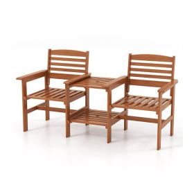 Outdoor Patio Wood 2-Seat Conversation Set with Coffee Table and Umbrella Hole - Color: Natural
