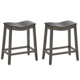 Set of 2 PU Leather Saddle Bar Stools with Rubber Wood Legs - Color: Gray