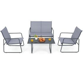 4 Pieces of Metal Patio Furniture Chat Set with Tempered Glass Coffee Table - Color: Gray