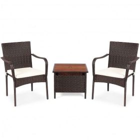 3 Pieces Patio Rattan Furniture Bistro Set with Wood Side Table and Stackable Chair - Color: White