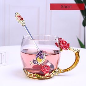 1pc Rose Enamel Crystal Tea Cup; Coffee Mug; Tumbler Butterfly Rose Painted Flower Water Cups; Clear Glass With Spoon Set (Size: Short, color: Red)