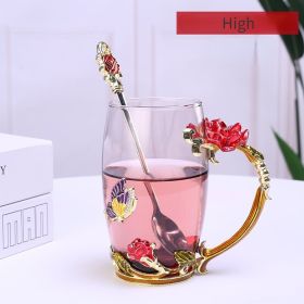 1pc Rose Enamel Crystal Tea Cup; Coffee Mug; Tumbler Butterfly Rose Painted Flower Water Cups; Clear Glass With Spoon Set (Size: High, color: Red)