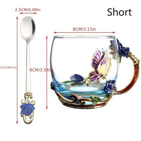 1pc Rose Enamel Crystal Tea Cup; Coffee Mug; Tumbler Butterfly Rose Painted Flower Water Cups; Clear Glass With Spoon Set (Size: Short, color: Blue)