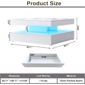 LED Coffee Table for Living Room with Storage - High Glossy Modern White Center Table with 2 Drawers, Square Wooden Middle (color: White)