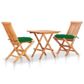 3 Piece Bistro Set with Green Cushions Solid Teak Wood (color: Green)