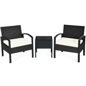 3 Pieces Outdoor Rattan Patio Conversation Set with Seat Cushions (color: White)