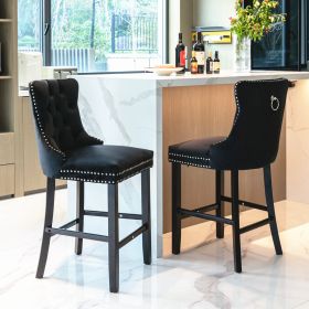 Furniture; Contemporary Velvet Upholstered Barstools with Button Tufted Decoration and Wooden Legs;  and Chrome Nailhead Trim;  Leisure Style Bar Chai (color: Black)