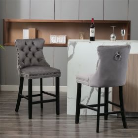 Furniture; Contemporary Velvet Upholstered Barstools with Button Tufted Decoration and Wooden Legs;  and Chrome Nailhead Trim;  Leisure Style Bar Chai (color: Gray)